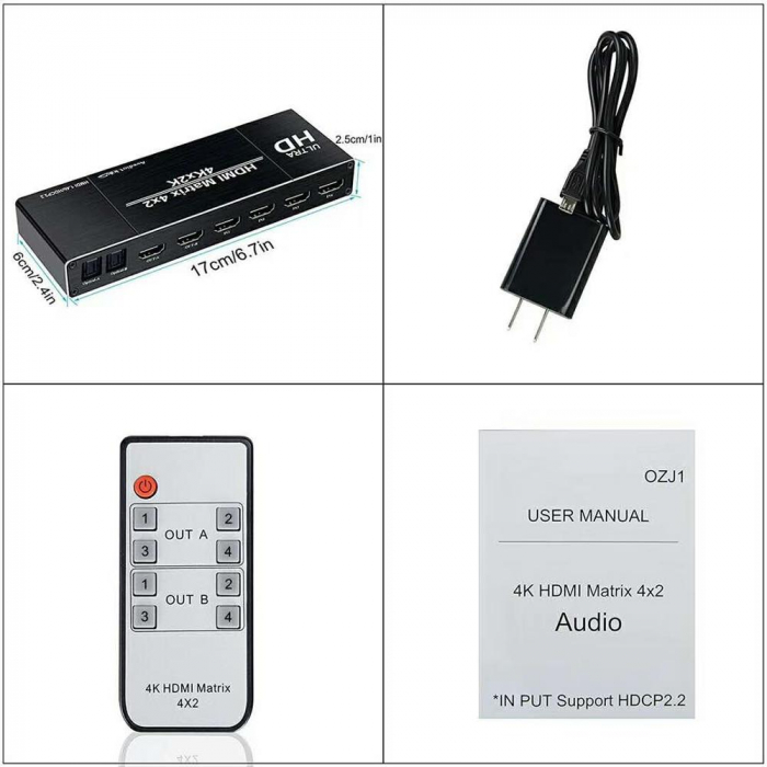 Switch HDMI 1.4b HDCP 2.2 MATRIX 4in 2out, 4Kx2K , extractor Audio, 2 x optical, Audio L/R cu EDID si telecomanda IR, negru [4]