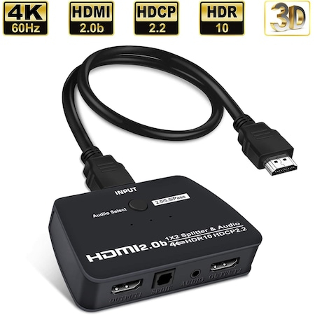 Switch HDMI 2.0, 1 intrare si 2 iesiri, suporta UHD 4Kx2K@60Hz, Audio Extractor SPDIF + R/L, negru, HOPE R [2]