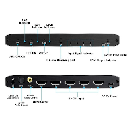 Switch HDMI 2.0, 4 intrari si 1 iesire, HDCP 2.2, 4K@60Hz, iesiri: Toslink, Coaxial, Jack 3.5mm L/R, Audio Extractor, ARC, telecomanda, HOPE R [3]