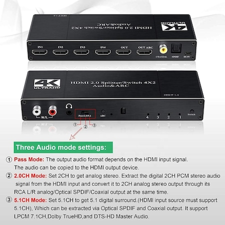 Switch HDMI 2.0, 4 intrari si 2 iesiri, HDCP 1.4, 4K@60Hz, 6Gbps, ARC, extractor audio R/L, 3.5mm jack, SPDIF, coaxial [6]