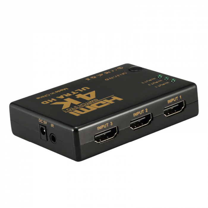Switch HDMI 2.0 HDCP 2.2, 4Kx2K@60Hz, RGB 4:4:4, HDR10, 3 intrari 1 iesire, telecomanda IR, negru [3]