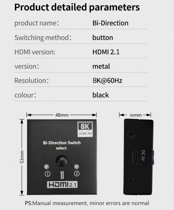 Switch HDMI 8k@60Hz HOPE R bidirectional, HDMI2.1, HDCP2.3, 1 x 2 splitter, 2 x 1 switch, negru [2]