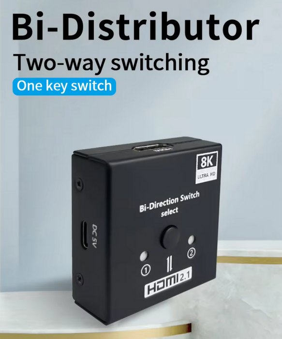 Switch HDMI 8k@60Hz HOPE R bidirectional, HDMI2.1, HDCP2.3, 1 x 2 splitter, 2 x 1 switch, negru [6]