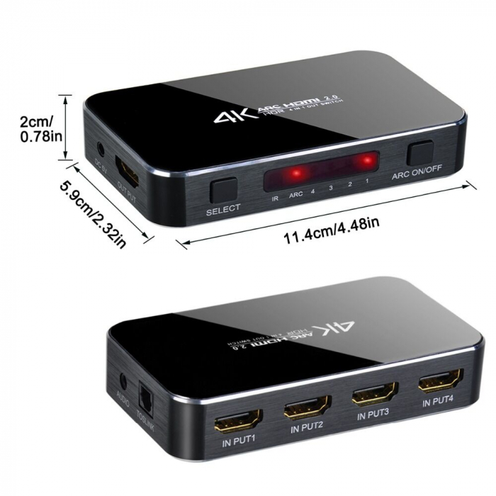 Switch HDMI HOPE R 4 intrari 1 iesire HDMI si audio, telecomanda, HDR+ARC suporta 3D si UHD 4K, negru [2]