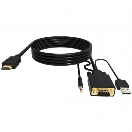 Convertoare si adaptoare video - Cablu convertor HDMI tata Full HD 1080p la VGA tata, cu cablu usb si audio, 1.8m, negru