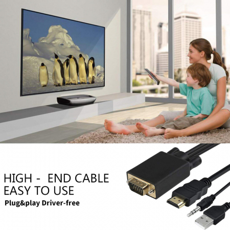 Cablu convertor VGA tata la HDMI tata cu audio si USB, 3m, negru [3]