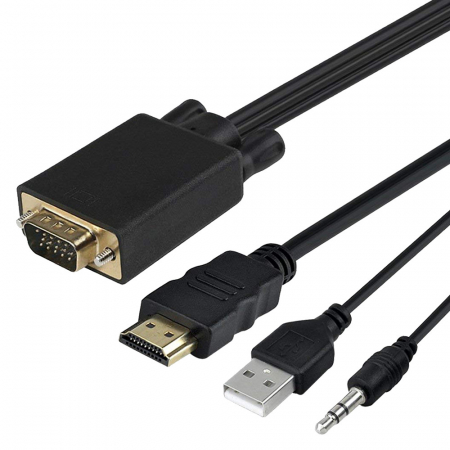 Convertoare si adaptoare video - Cablu convertor VGA tata la HDMI tata cu audio si USB, 3m, negru