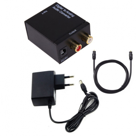Convertoare si conectori audio - Convertor audio digital coaxial sau optic SPDIF Toslink la audio analog 2 RCA, alimentator 220V, cablu optic, HOPE R
