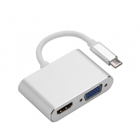 Hub-uri, Splittere, Switch-uri - Hub 2 in 1 USB 3.1 type C la HDMI 4K, VGA pentru Samsung, Mackbook, argintiu