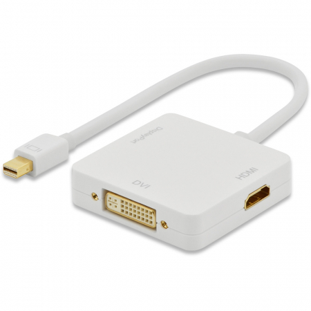 Hub-uri adaptoare video - Hub 3 in 1 Adaptor Mini Displayport la DisplayPort, DVI, HDMI, 20 cm, alb