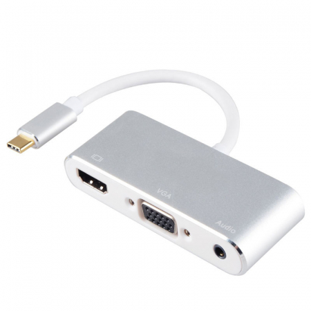 Hub-uri, Splittere, Switch-uri - Hub 3 in 1 USB 3.1 type C la HDMI 4K, VGA, audio pentru Samsung, Mackbook, argintiu