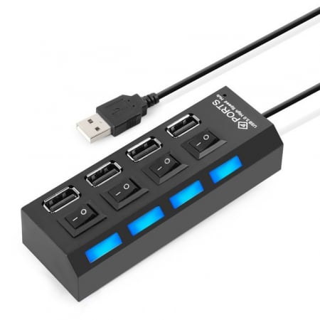 Hub-uri, Splittere, Switch-uri - Hub 4 porturi USB 2.0, cu comutatoare, alimentare USB, negru, HOPE R