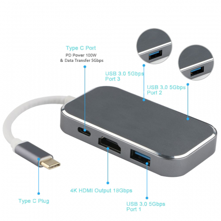 Hub 5 in 1 USB 3.1 Type-C la HDMI 4K, 3 x USB 3.0, 1 x USB3.1 pana la 5 Gbps, HOPE R [1]