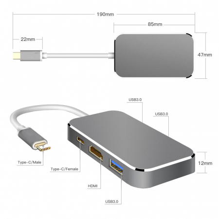 Hub 5 in 1 USB 3.1 Type-C la HDMI 4K, 3 x USB 3.0, 1 x USB3.1 pana la 5 Gbps, HOPE R [4]