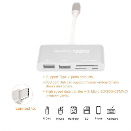 Hub 5 in 1 USB 3.1 Type-C la USB 3.0, 1 x USB 2.0, 1 x micro USB, 1 x SD card, 1 x TF, HOPE R [2]