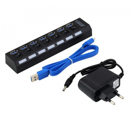 Hub 7 porturi USB3.0, HOPE R, 5Gbps, cu comutatoare, cablu usb si alimentator