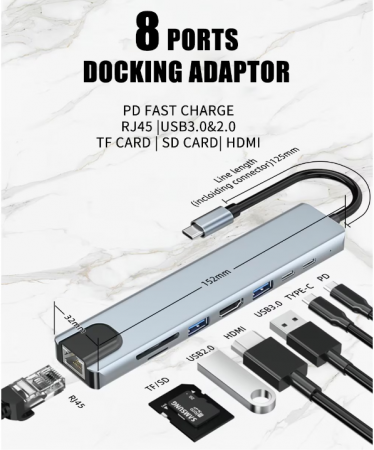 Hub USB 3.1 tip C, 8 in 1 HDMI/USB3.0/USB2.0/2xUSB3.1-C/RJ45/SD/TF, carcasa aluminiu, HOPE R [4]