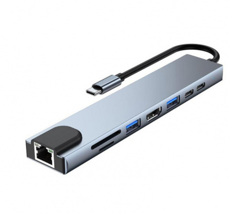 Hub-uri adaptoare video - Hub USB 3.1 tip C, 8 in 1 HDMI/USB3.0/USB2.0/2xUSB3.1-C/RJ45/SD/TF, carcasa aluminiu, HOPE R