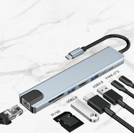Hub USB 3.1 tip C, 8 in 1 HDMI/USB3.0/USB2.0/2xUSB3.1-C/RJ45/SD/TF, carcasa aluminiu, HOPE R [5]