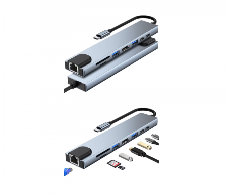 Hub USB 3.1 tip C, 8 in 1 HDMI/USB3.0/USB2.0/2xUSB3.1-C/RJ45/SD/TF, carcasa aluminiu, HOPE R [2]