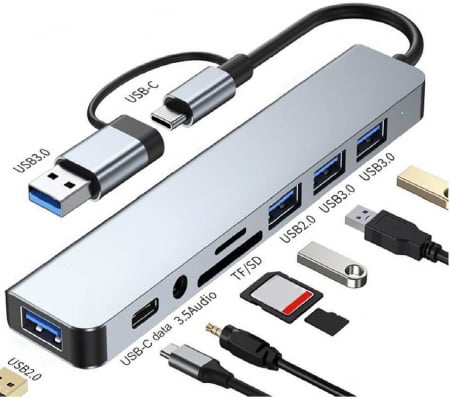 Hub-uri adaptoare video - Hub USB-C 8-in-1 HOPE R® multiport: 2x USB3.0 tip A, 2x USB2.0 tip A, 1x USB3.0 tip C, card reader SD/TF, jack audio 3.5 mm
