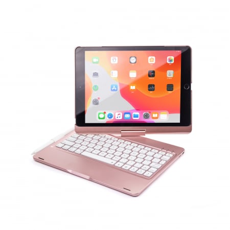 Tastaturi si huse tablete - Husa carcasa roz-aurie cu tastatura LED, Bluetooth Wireless pentru iPad Air, iPad Air 2, iPad Pro 9.7, iPad 9.7 2017, 2018