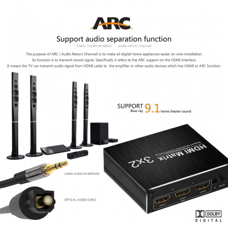 Matrix switch splitter 3 x 2 ARC HDMI 4K 3.5mm SPDIF cu 3.5mm L/R Audio extractor si telecomanda IR, HOPE R [2]