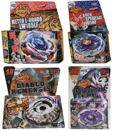 Pachet titirezi 4D ATTACK-S 4 buc + 2 lansatoare (1 cu sfoara) + 2 varfuri metalice: BB88 Meteo L-Drago, BB120 Diablo Nemensis, BB28 Rock SPegasis, BB116A Jade Jupiter [1]