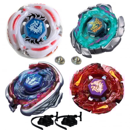 Pachet titirezi 4D ATTACK1 4 buc + 2 lansatoare + 2 varfuri metalice: BB88 Meteo L-Drago, BB105 Pegasis, BB117 Blitz Unicorno, BB98R L-Drago Rush