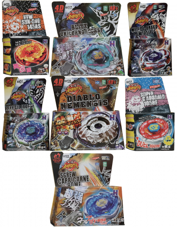 Pachet titirezi 4D ATTACK1 7 buc + 3 lansatoare + 2 varfuri metalice: BB117 Blitz Unicorno, BB120 Diablo Nemensis, BB102 Sgrew Capricorne, BB88 Meteo L-Drago, BB89 New Sun-God, BB91 Ray Gil, BB37 Supe [1]
