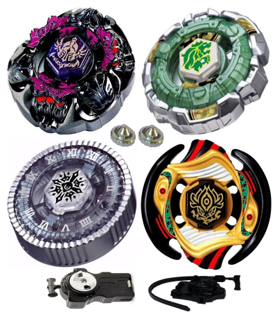 Jucarii interactive - Pachet titirezi 4D DEFENSE-S 4 buc. + 2 lansatoare (1 cu sfoara) + 2 varfuri metalice: BB80 Gravity Perseus, BB106 Fang Leone, BP01 Vulcan Horuseus, BB104 Basalt Horogium