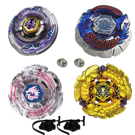 Jucarii interactive - Pachet titirezi 4D FLAME2 4 buc + 2 lansatoare + 2 varfuri metalice: BB99 Hell Kerbecs, BB113 Scythe Kronos, BB43 Spegasis LDrago, Bakushin Susanow