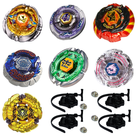 Pachet titirezi 4D FLAME2 7 buc. + 4 lansatoare + 4 varfuri metalice: BB99 Hell Kerbecs, BB126 Flash Sagittario, BB111 Mercury Anubius, BB113 Scythe Kronos, BB43 Spegasis LDrago, BB48 Super Libra, Bak