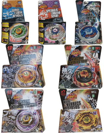 Pachet titirezi 4D FLAME2 7 buc. + 4 lansatoare + 4 varfuri metalice: BB99 Hell Kerbecs, BB126 Flash Sagittario, BB111 Mercury Anubius, BB113 Scythe Kronos, BB43 Spegasis LDrago, BB48 Super Libra, Bak [1]