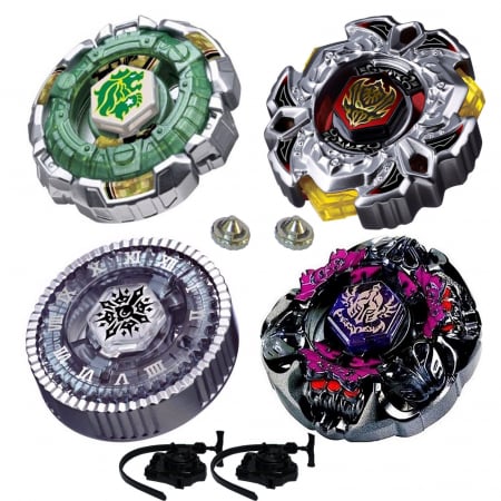 Jucarii interactive - Pachet titirezi 4D DEFENSE 4 buc. + 2 lansatoare + 2 varfuri metalice: BB106 Fang Leone, BB114 Variares, BB104 Basalt Horogium, BB80 Gravity Perseus
