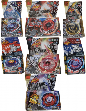 Pachet titirezi 4D PEGASIS Colectie 7 buc + 3 lansatoare + 2 varfuri metalice: BB105 Big Bang, BB121A Wing, 3011B Astro, 3013-02 Big Bang Blue Wing, BB70 Galaxy, BB28 Rock, W103R2F Galaxy [1]