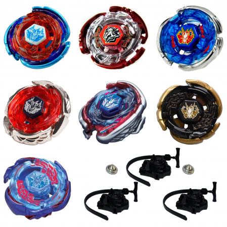 Pachet titirezi 4D PEGASIS Colectie 7 buc + 3 lansatoare + 2 varfuri metalice: BB105 Big Bang, BB121A Wing, 3011B Astro, 3013-02 Big Bang Blue Wing, BB70 Galaxy, BB28 Rock, W103R2F Galaxy