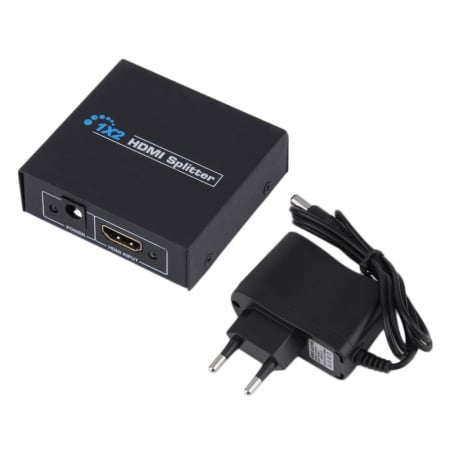 Hub-uri, Splittere, Switch-uri - Splitter HDMI 4Kx2K@30Hz, 1 intrare 2 iesiri, HDCP 1.4, metalic, cu alimentare, negru