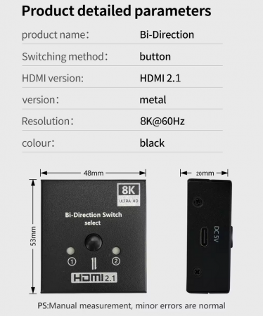 Switch HDMI 8k@60Hz HOPE R bidirectional, HDMI2.1, HDCP2.3, 1 x 2 splitter, 2 x 1 switch, negru [1]