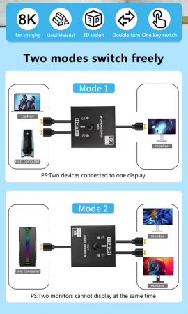 Switch HDMI 8k@60Hz HOPE R bidirectional, HDMI2.1, HDCP2.3, 1 x 2 splitter, 2 x 1 switch, negru [4]