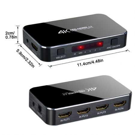 Switch HDMI HOPE R 4 intrari 1 iesire HDMI si audio, telecomanda, HDR+ARC suporta 3D si UHD 4K, negru [1]