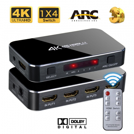 Hub-uri, Splittere, Switch-uri - Switch HDMI HOPE R 4 intrari 1 iesire HDMI si audio, telecomanda, HDR+ARC suporta 3D si UHD 4K, negru