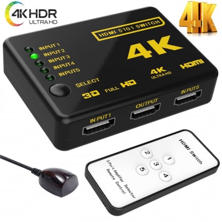 Hub-uri, Splittere, Switch-uri - Switch splitter HDMI, switch 5x1 porturi, 5 in 1 out, 4K ,1080p, telecomanda, negru, HOPE R