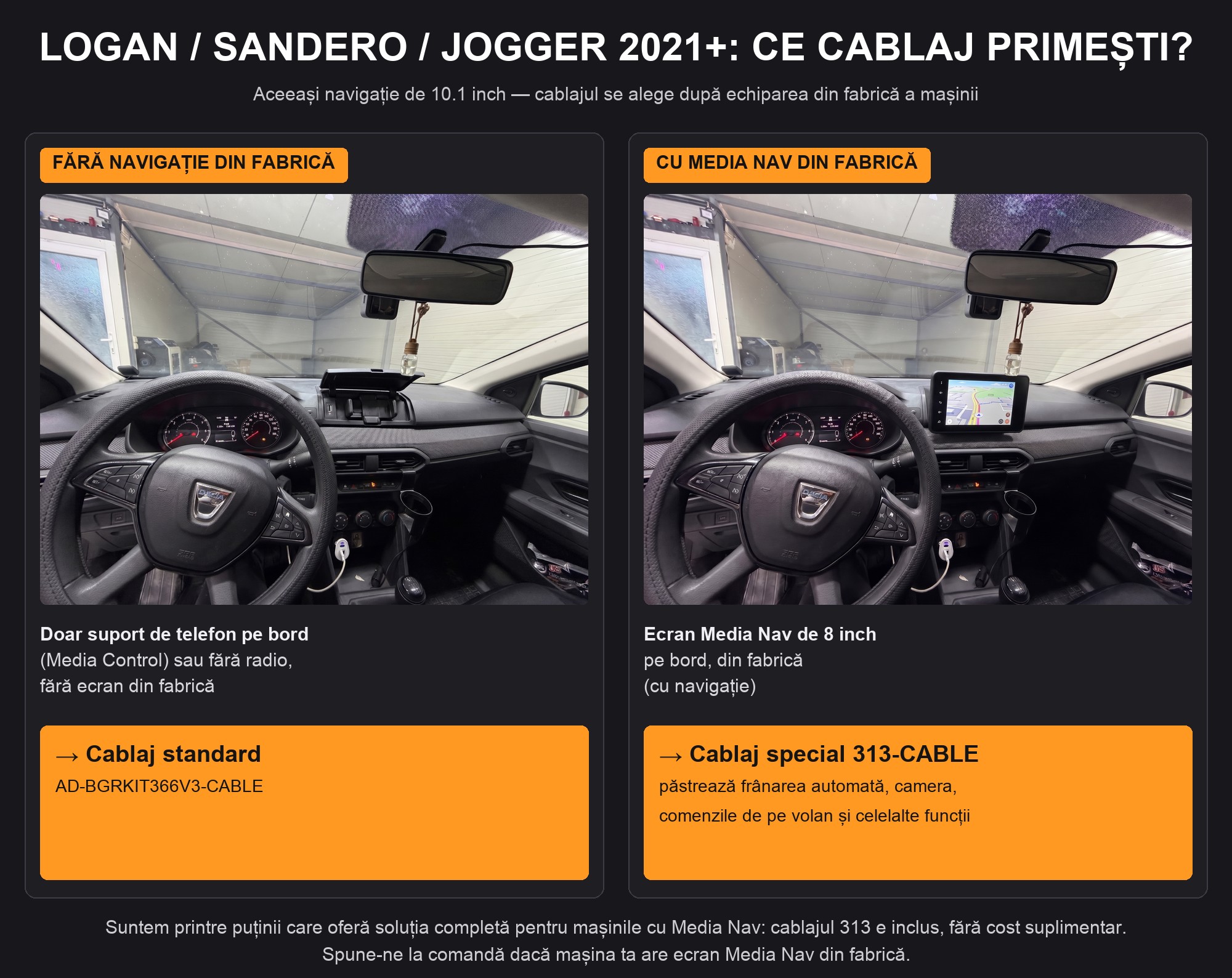 Logan / Sandero / Jogger 2021+: cablaj 366V3 sau 313