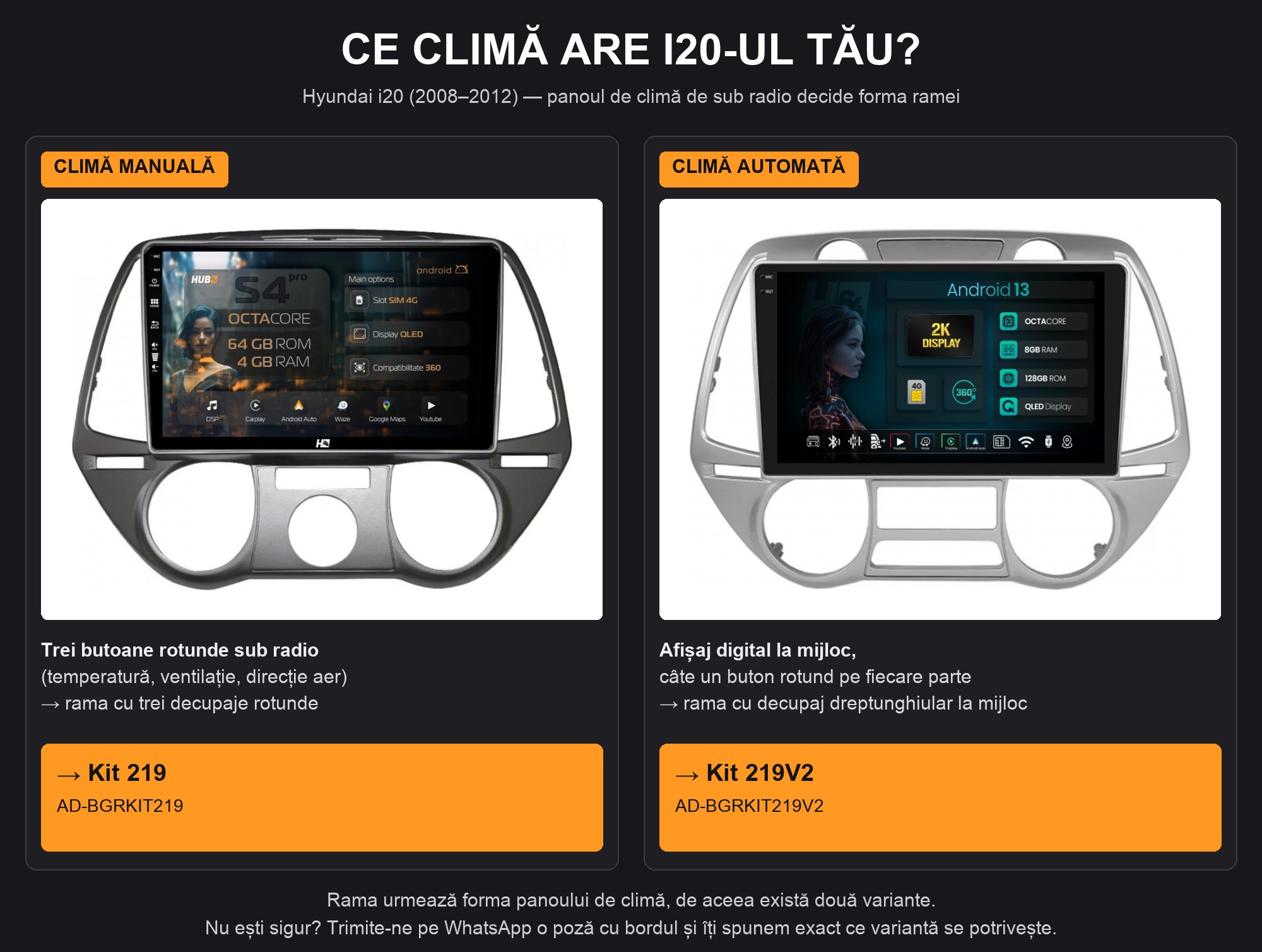 Hyundai i20 2008-2012: rama 219 pentru climă manuală, 219V2 pentru climă automată