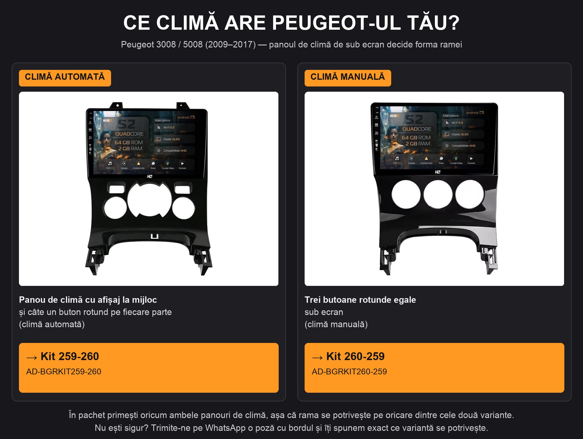 Peugeot 3008/5008: kit 259-260 pentru climă automată, 260-259 pentru climă manuală