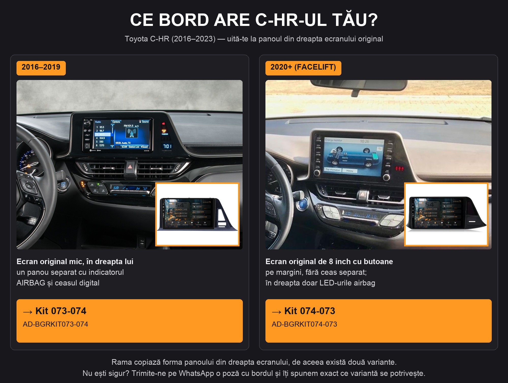 Toyota C-HR: kit 073-074 pentru 2016-2019, kit 074-073 pentru 2020+