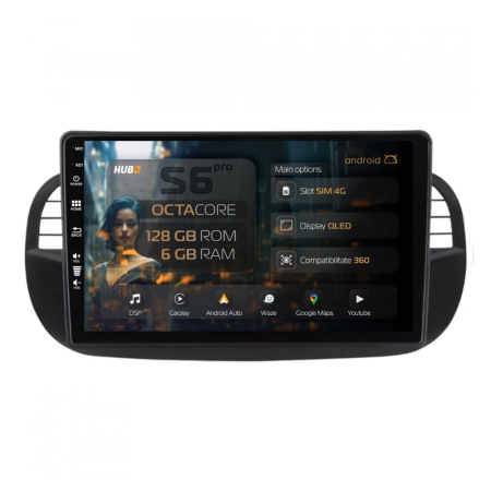 Navigații Fiat 500 (2007-2014) - Navigatie Android Fiat 500 (2007-2014) ramă neagră 6GB | Hub64.ro