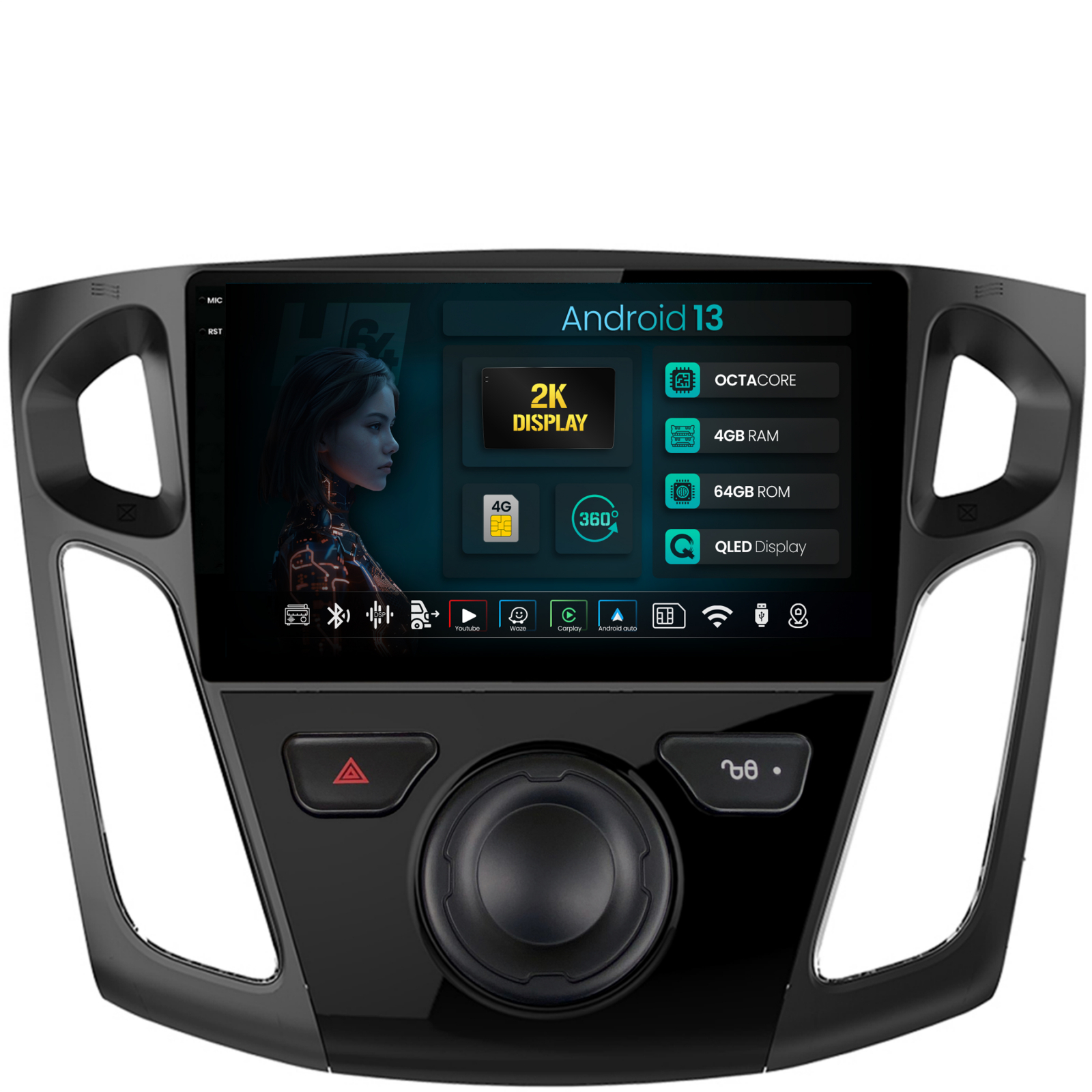 Navigatie 2K HUB64 Ford Focus 3 (2011-2019), 4GB RAM, Android 13, Octacore, Slot Sim 4G, DSP, GPS, Wi-FI, Carplay, Android Auto, USB, Bluetooth, Waze,