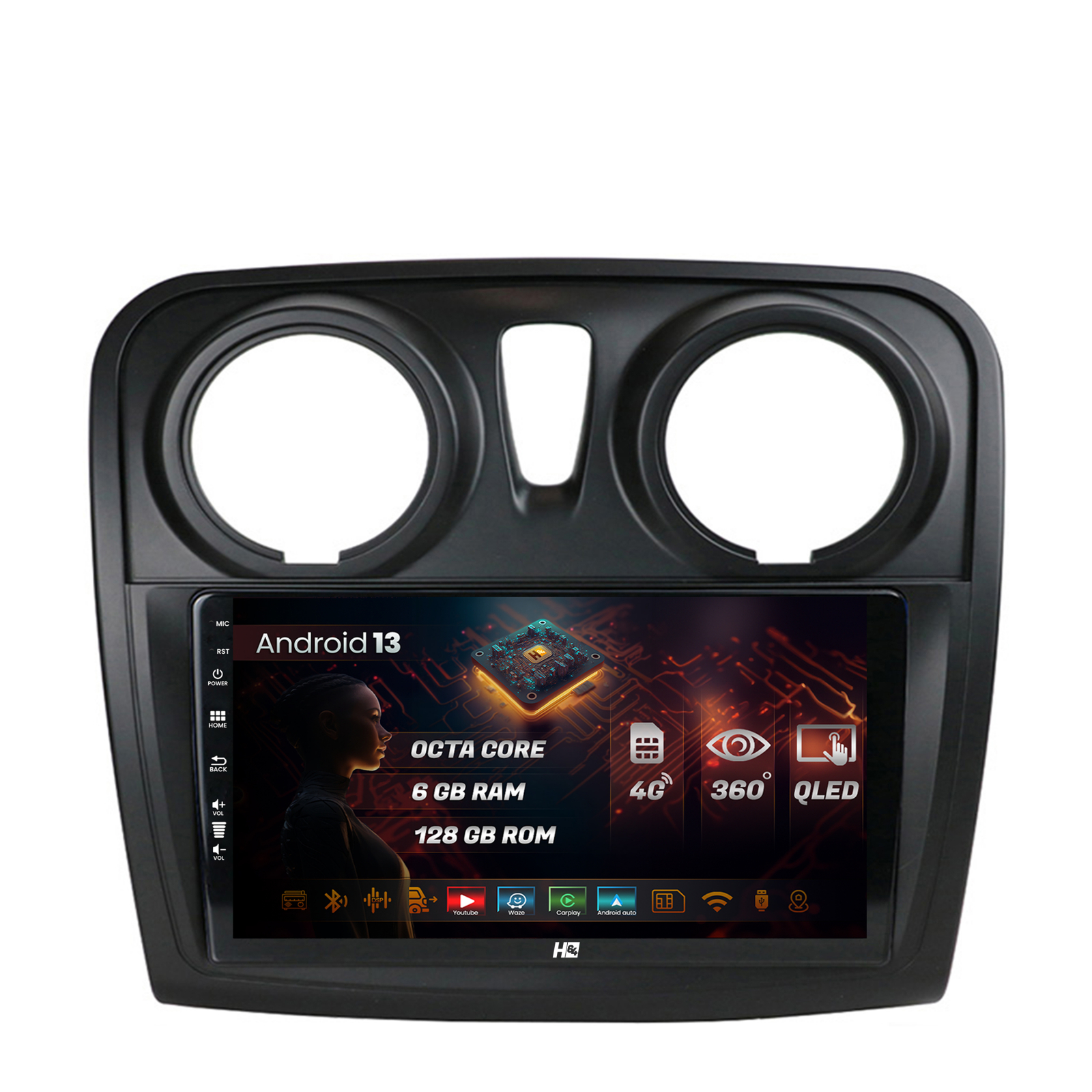 Navigatie HUB64 Dacia Logan   Sandero, 6GB RAM, Android 13, Octacore, Slot Sim 4G, DSP, GPS, Wi-FI, Carplay, Android Auto, USB, Bluetooth, Waze,